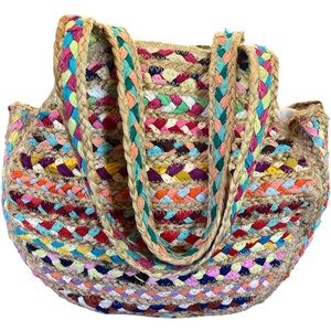 Multicolor Jute Hobo Tote Bag w/Vibrant multicolor Braided  Design snap closure